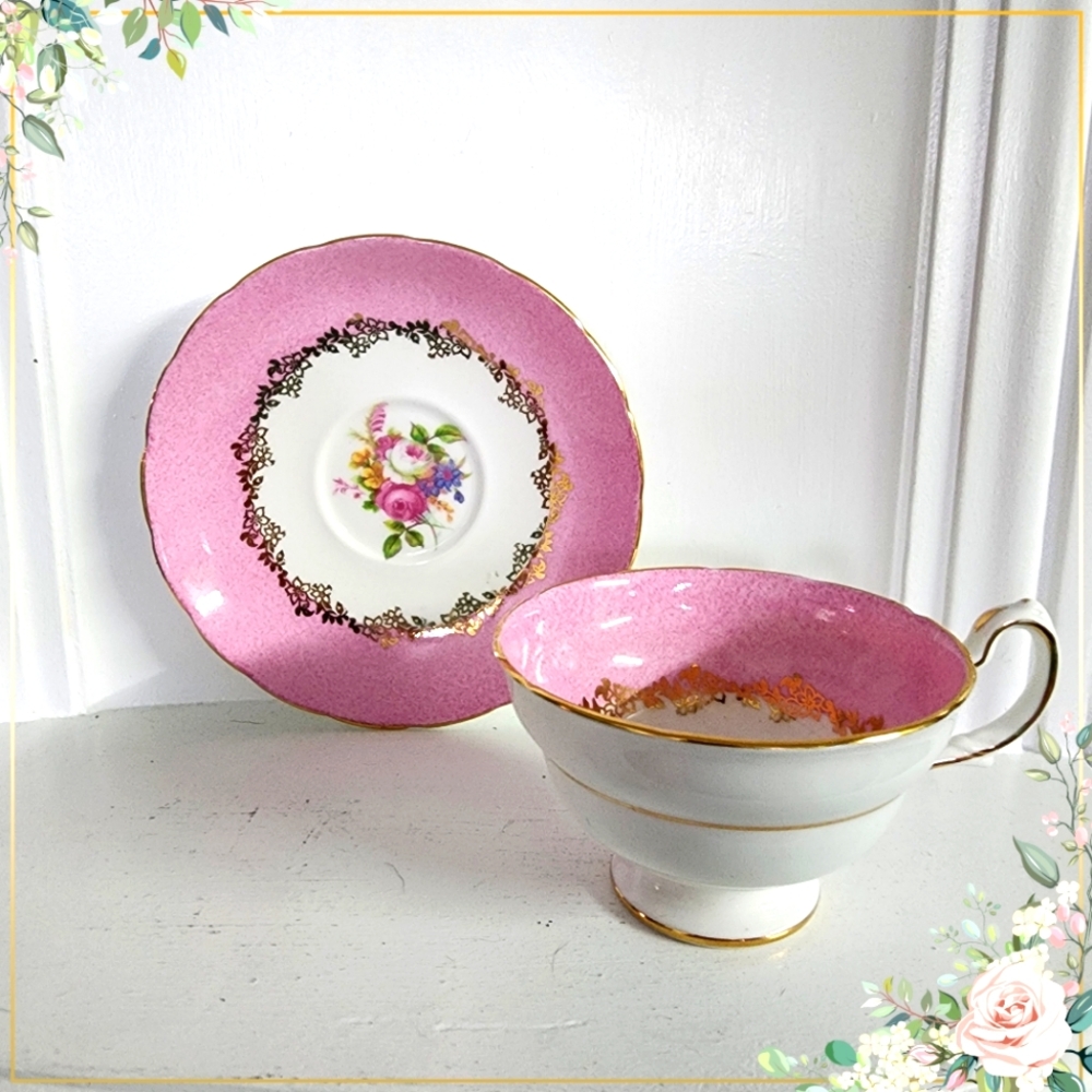 Grosvenor Pink & Gold Footed Teacup & Saucer Bone China